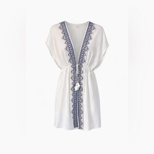 Boho White Swim Coverup with Navy and gold Embroidered Trim XS